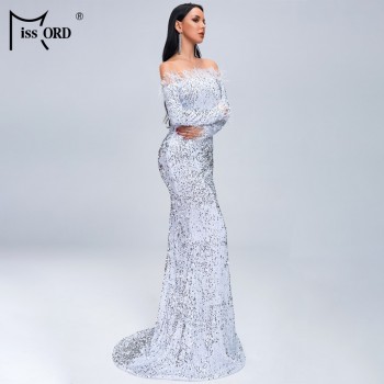  Sexy Off Shoulder Feather LongSleeve Sequin floor length Evening party Maxi Reflective White Black